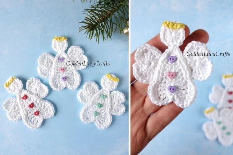 Crocheted angel ornaments on a person's hand.