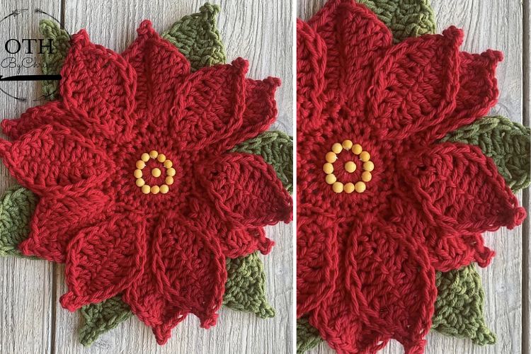 Two pictures of a crocheted poinsettia.