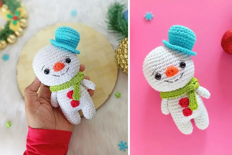 Two pictures of a crocheted snowman.