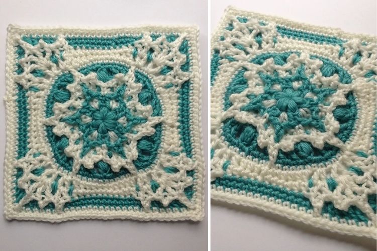 a crochet afghan square in white and blue with a snowflake design