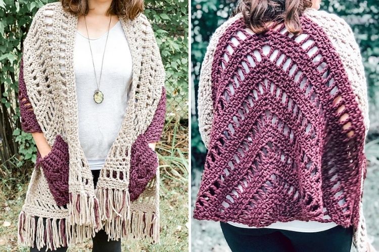 Two pictures of a woman wearing a crocheted Tri Pocket Shawl.