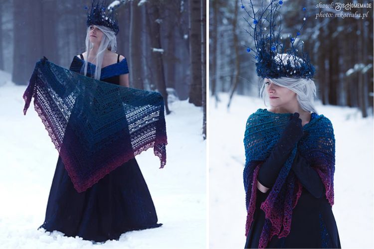 Two pictures of a woman wearing a shawl in the snow.