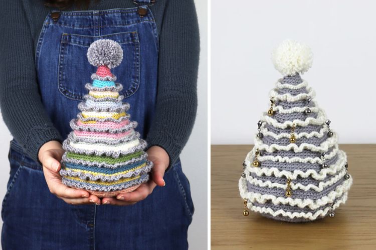 Two pictures of a woman holding a knitted christmas tree.