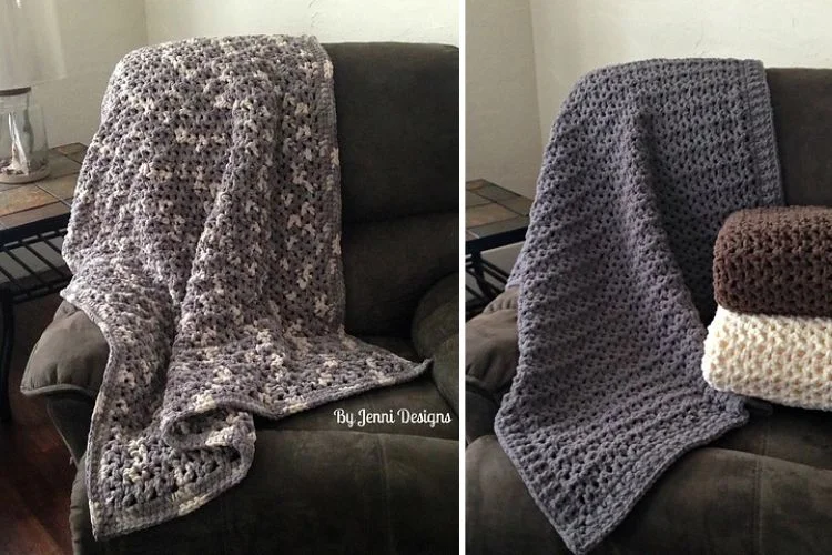 Two pictures of a crocheted blanket on a couch.