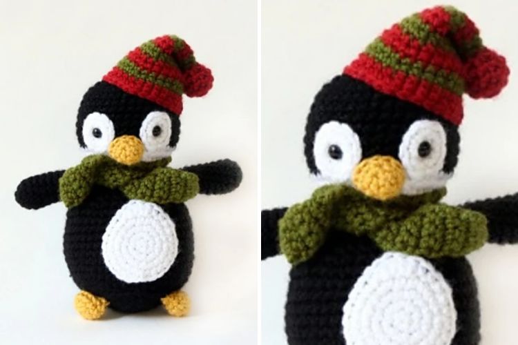 Two pictures of a crochet penguin wearing a hat and scarf.