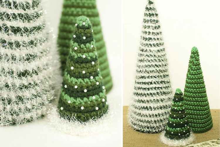 Three crocheted christmas trees in green and white.