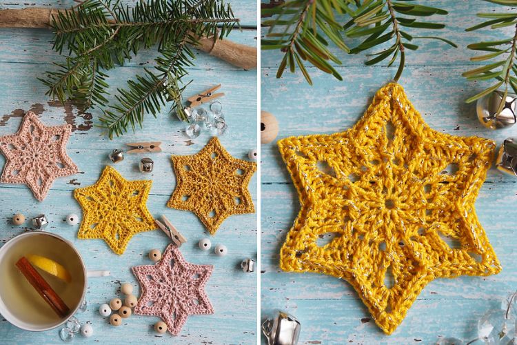 Crocheted star ornaments on a table next to a christmas tree.