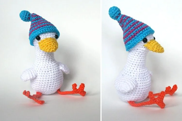 Two pictures of a crocheted goose wearing a hat.