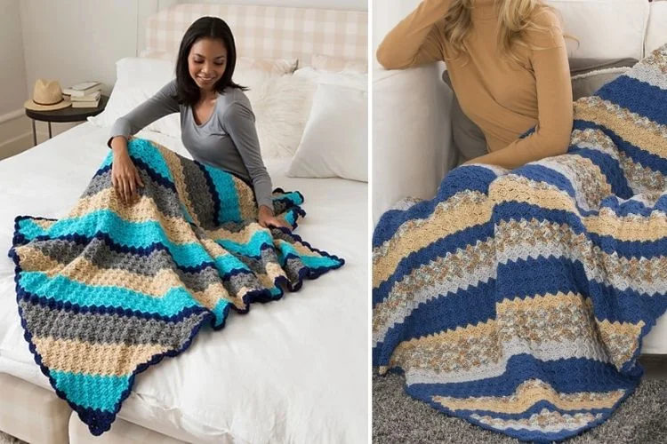 Two pictures of a woman sitting on a bed with a crocheted blanket.