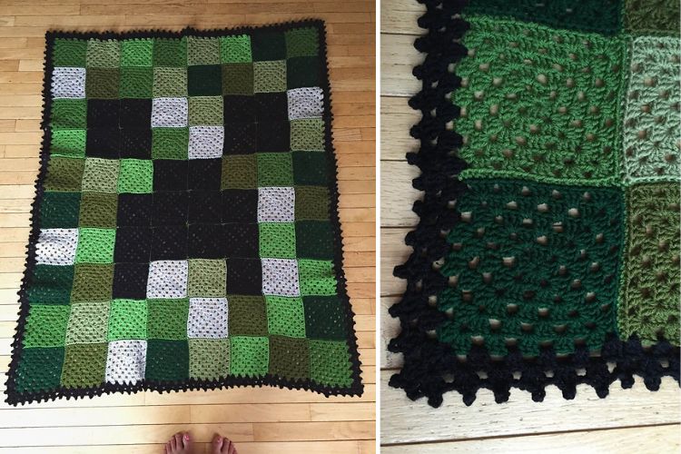 a crochet blanket with a minecraft creeper mosaic design in green colors