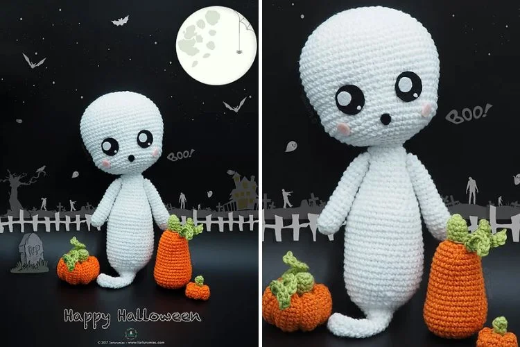 Two pictures of a crocheted white ghost with pumpkins.