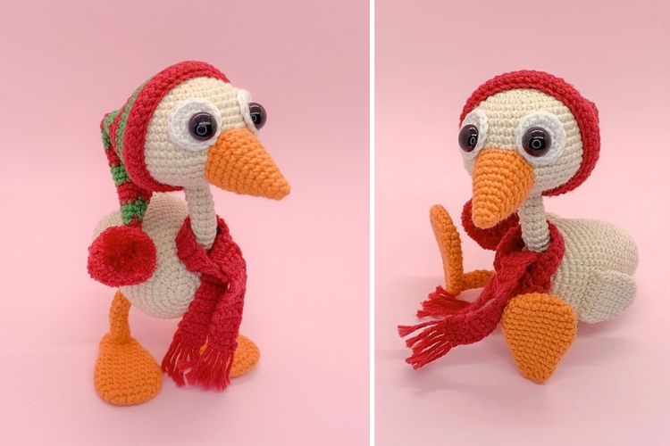 Two pictures of a crocheted duck wearing a scarf and hat.