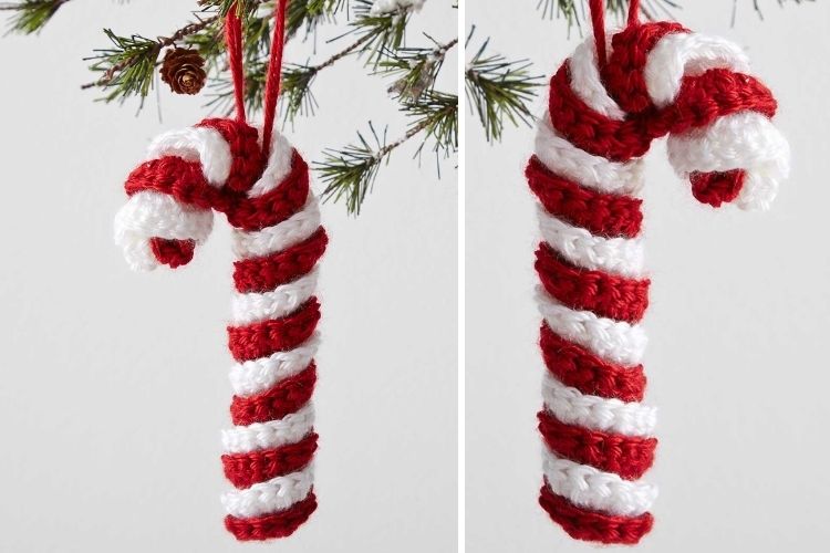 Two pictures of crocheted candy cane ornaments hanging from a tree.