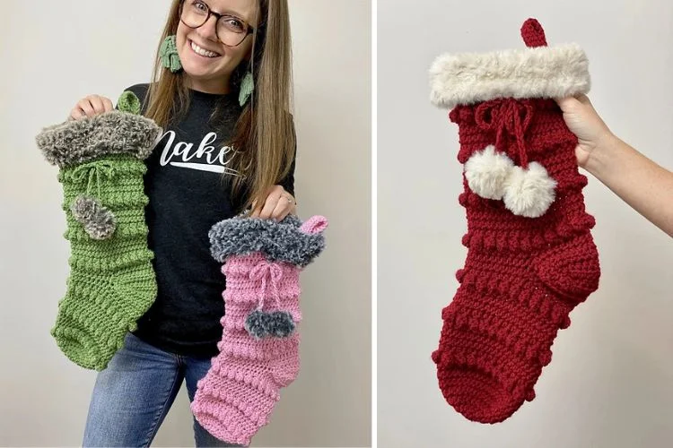 Two pictures of a crafty woman holding a crocheted boho stocking.