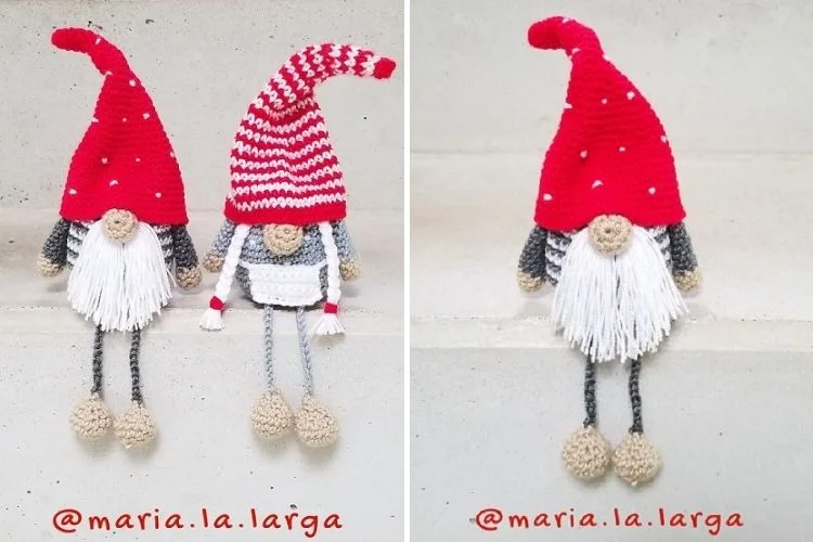 Two crocheted gnomes wearing red hats.