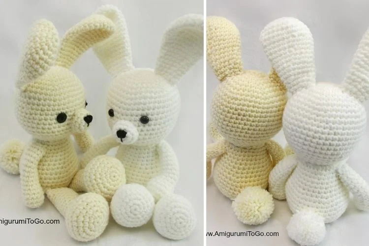 two crochet bunny amigrurumi one in white and one in pastel yellow