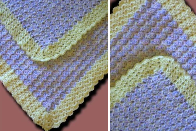 Two pictures of a crocheted afghan with a yellow and yellow border.