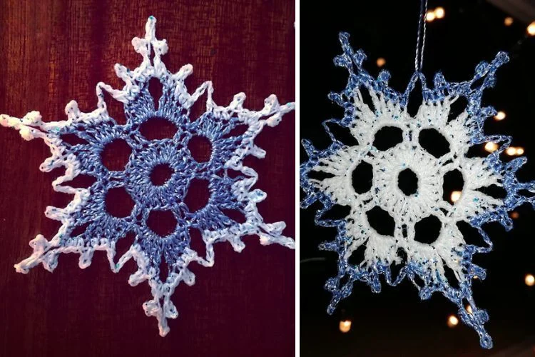 A crocheted snowflake, resembling a delicate ice crystal, is elegantly displayed on a wall in two pictures.