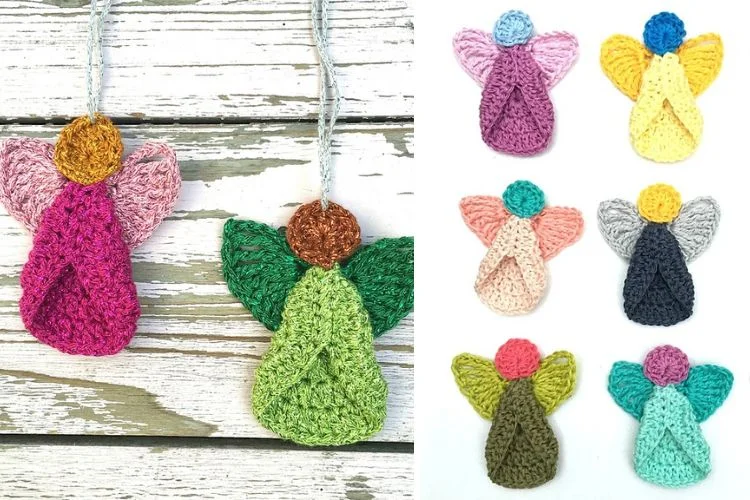 a set of christmas angel crochet ornaments in different colors