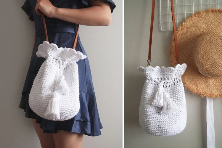 Two pictures of a white crocheted bag with tassels.