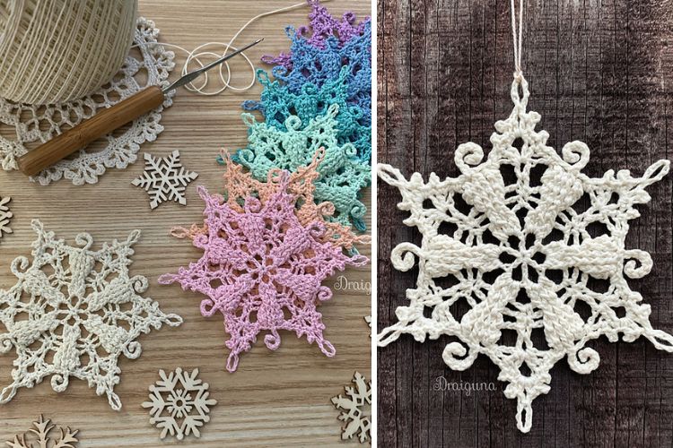 Two pictures of crochet snowflake ornaments on a table.