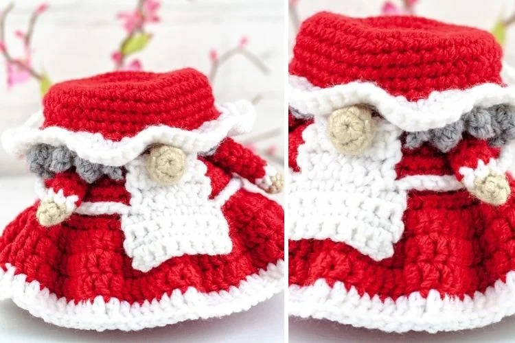 Two pictures of a crocheted santa claus.