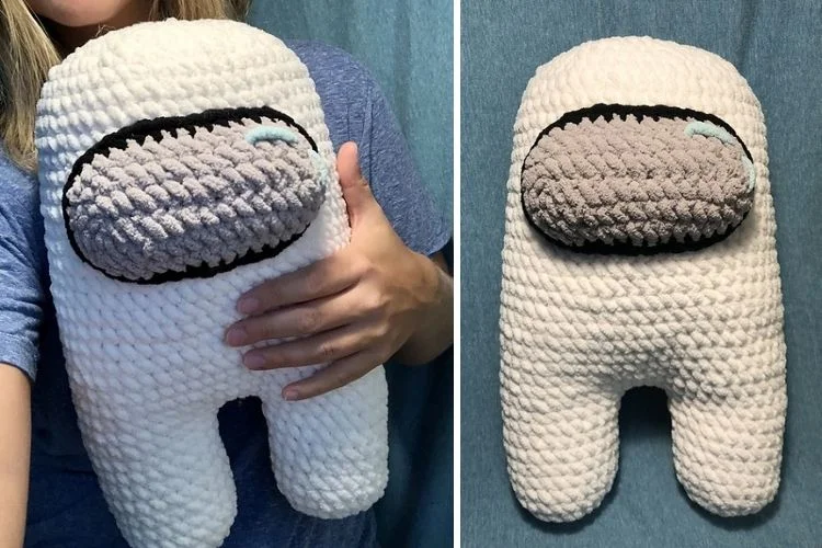 Two pictures of a woman holding a crocheted stuffed animal.