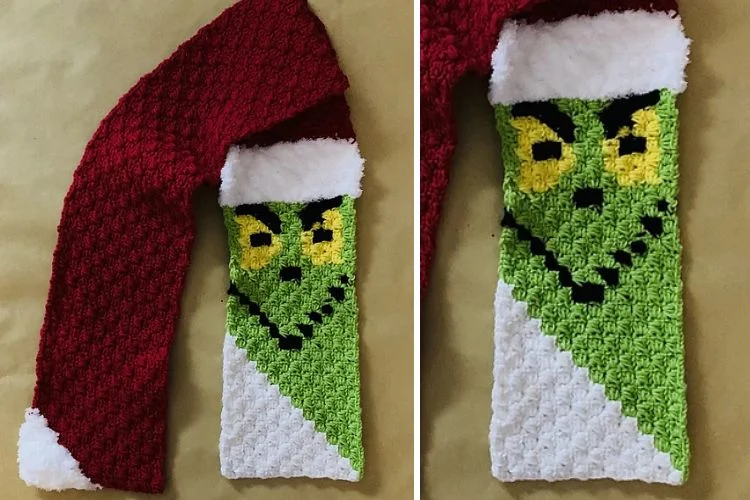 Two pictures of a crocheted scarf with a grinch on it.