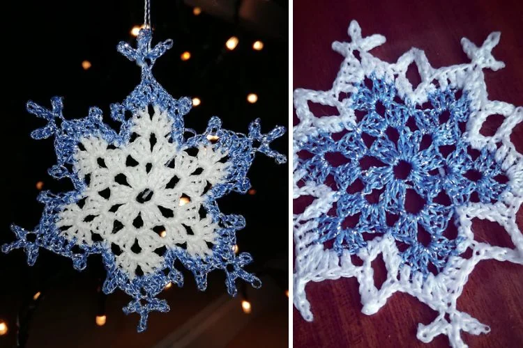 A blue and white crocheted snowflake hanging on a tree.