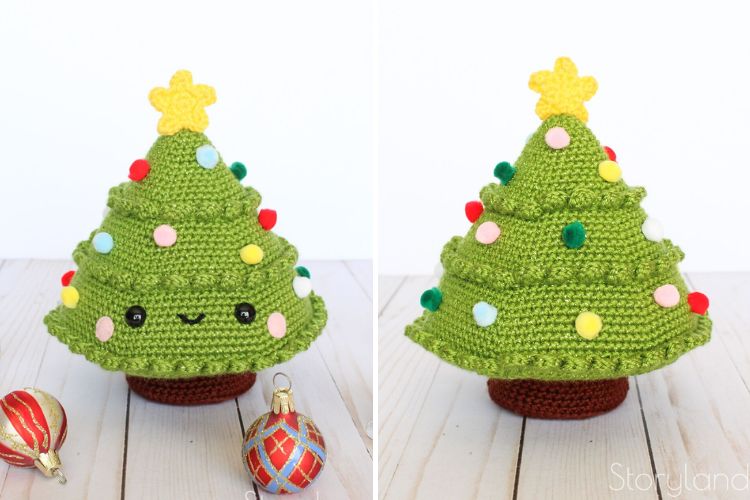 A knitted christmas tree with a star and a ball.