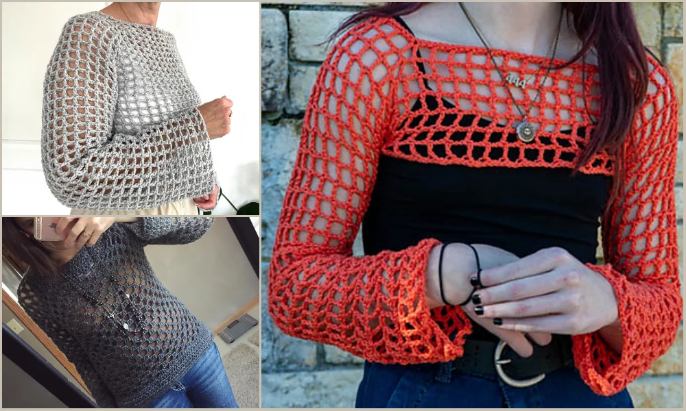 Four pictures of a woman wearing a crocheted sweater.