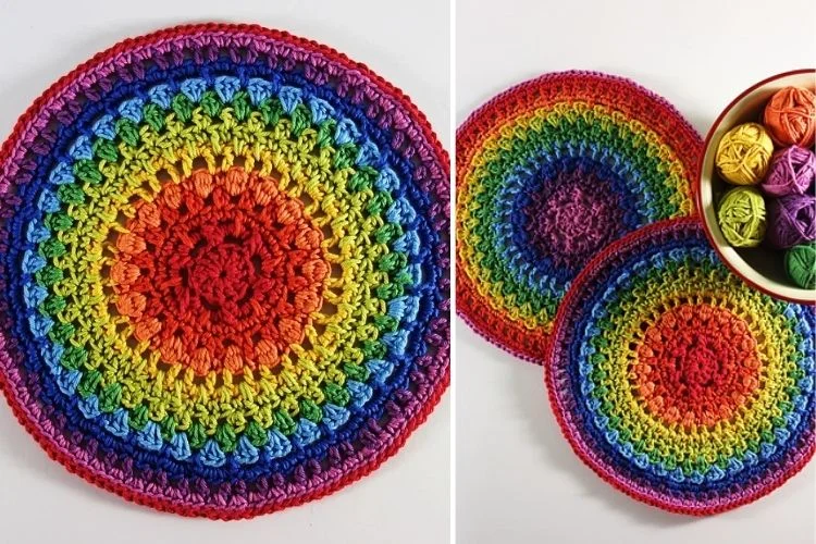 A set of colorful crocheted placemats next to a bowl of yarn.