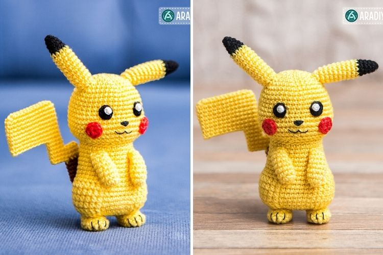 Two pictures of a crocheted pikachu.