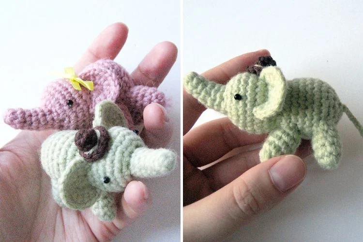 a person holding small elephant amigurumi in pink and in light green color