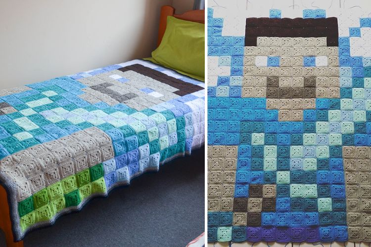 Two pictures of a bed with a minecraft blanket on it.