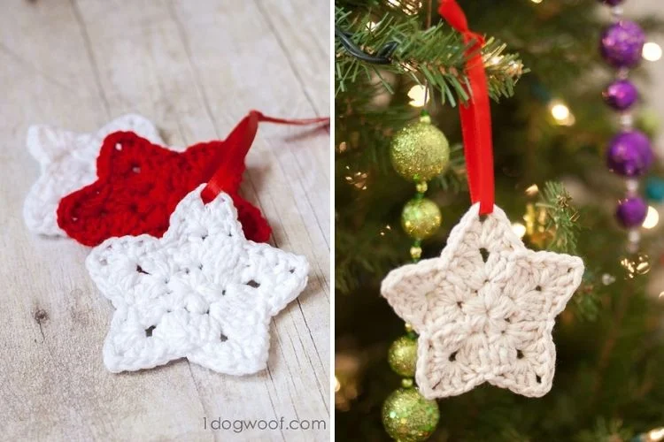 crochet Christmas tree ornaments in red and white shaped like a star