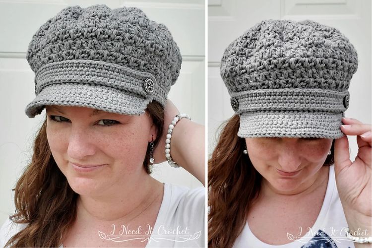 Two pictures of a woman wearing a gray crocheted hat.