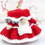A crocheted Mrs. Claus Gnome doll in a red and white dress and apron, with two small arms and decorative flowers in the background.