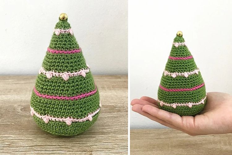 Two pictures of a crocheted christmas tree.