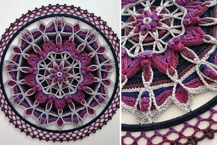 Two pictures of a crocheted mandala hanging on a wall.