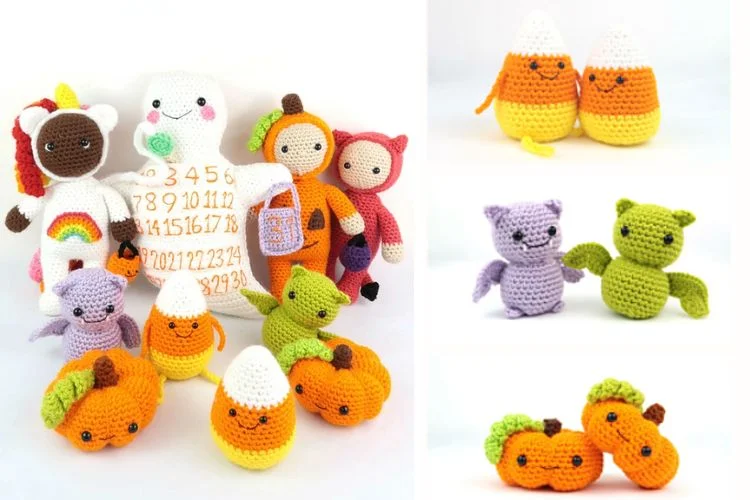 A group of crocheted amigurumi pumpkins and candy corns.