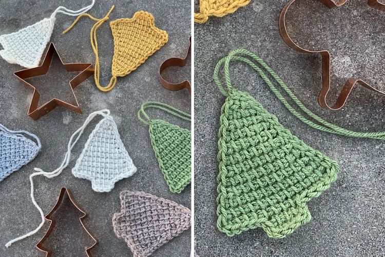 Crocheted christmas ornaments and cookie cutters.