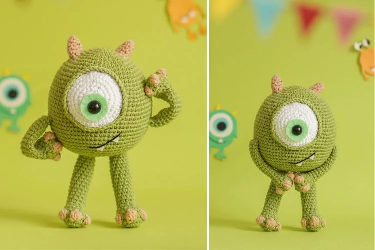 Two pictures of a crocheted monster with green eyes.