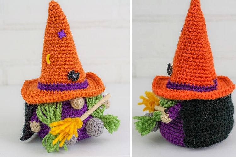 A crocheted toy person with a broom.