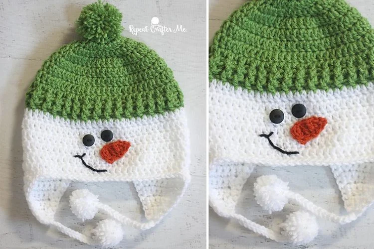 Two pictures of a crocheted snowman hat.