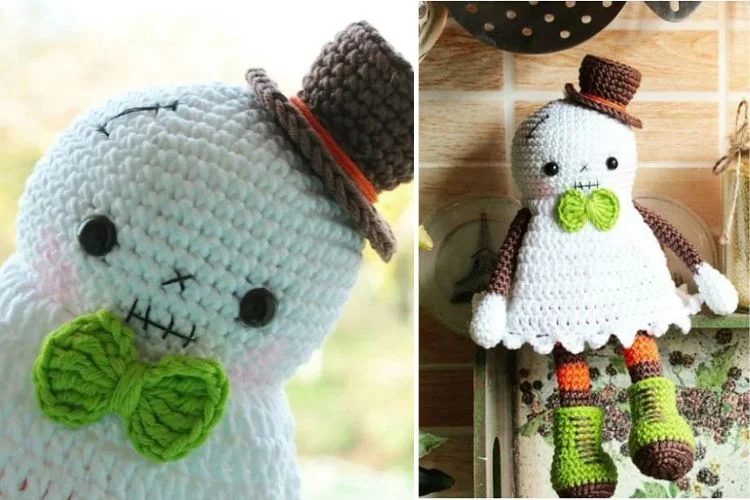 Two pictures of a crocheted amigurumi doll with a hat and a bowtie.