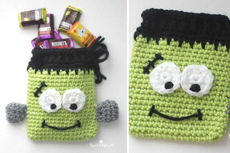 A crocheted frankenstein candy pouch.