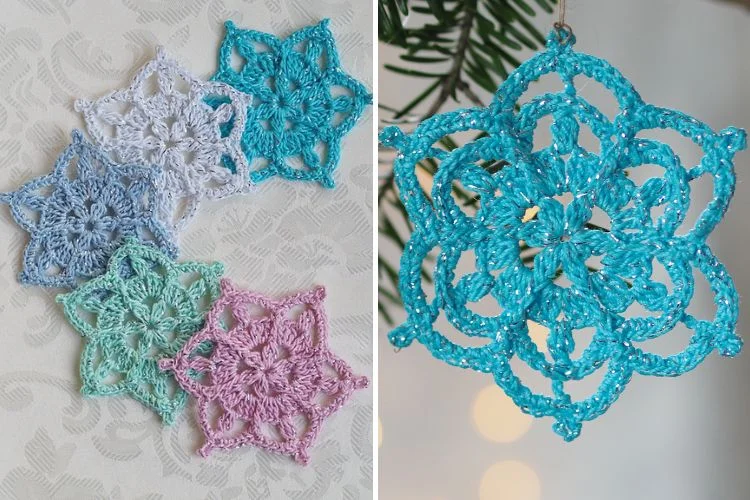 Crocheted snowflake ornaments hanging on a christmas tree.