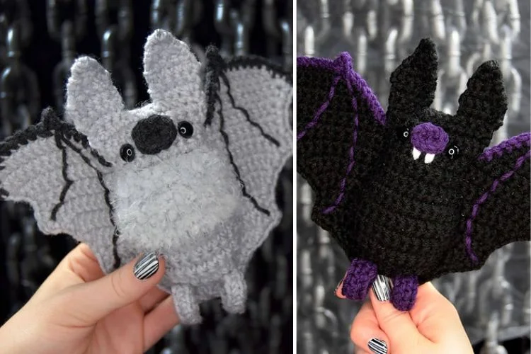 Two pictures of crocheted bats.