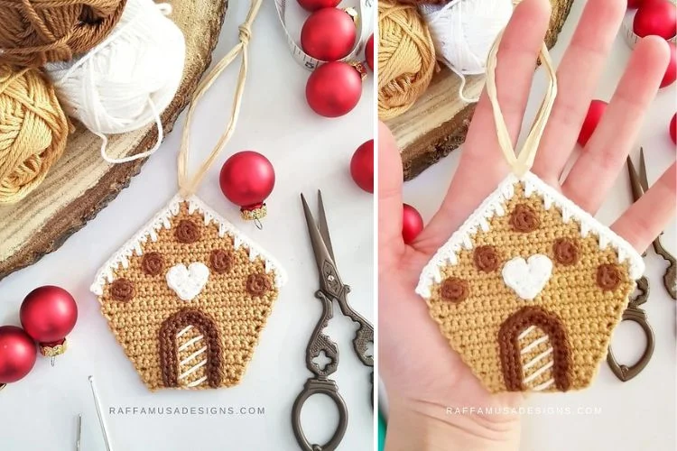 A person is holding a crocheted gingerbread house ornament.